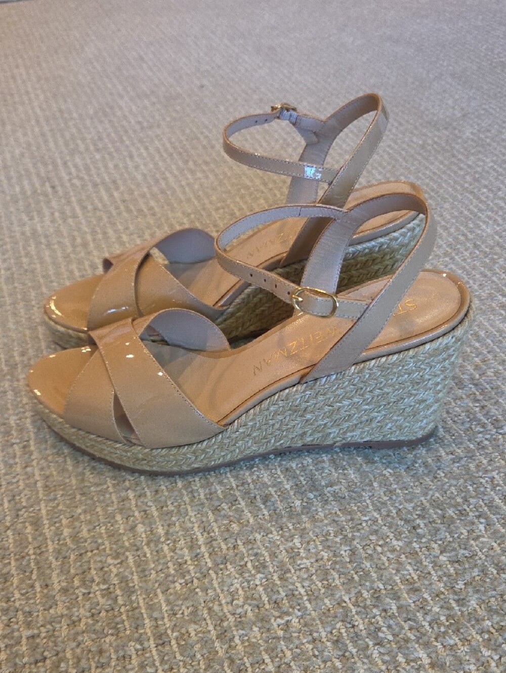 Stuart Weitzman Patent Leather Espadrille Wedge Sandals in Nude - Picture 4 of 14